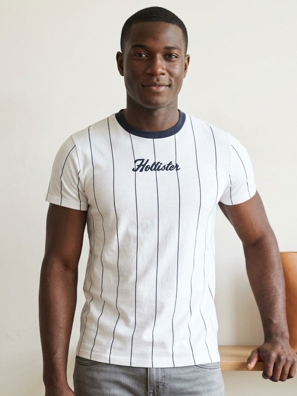 Hollister Men's White/Navy Pinstripe Logo Ringer T-Shirt - Size LARGE